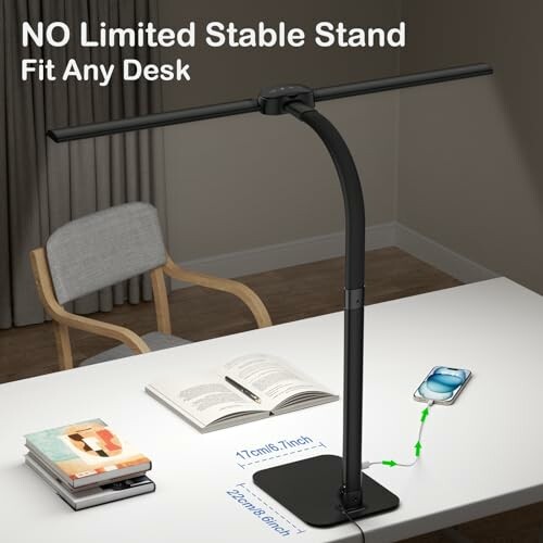Adjustable desk lamp stand with phone charging.
