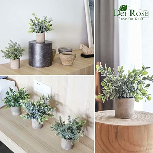 Artificial potted plants on display in various settings.
