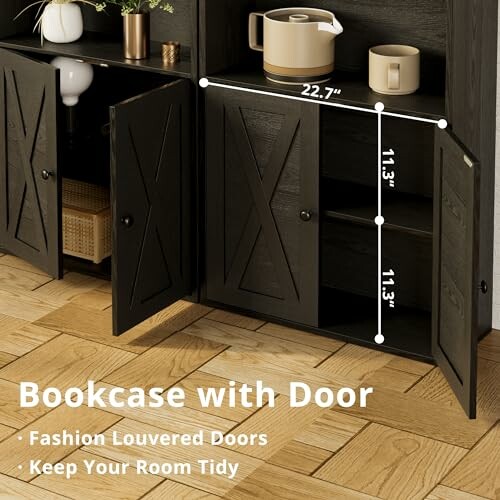 Black bookcase with louvered doors and measurements.