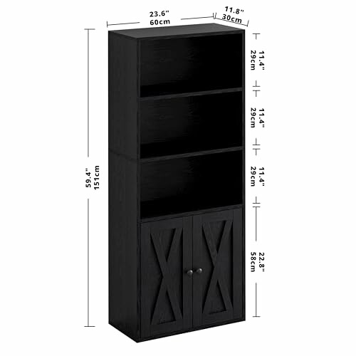 Black bookshelf with dimensions labeled; three shelves and two-door cabinet.