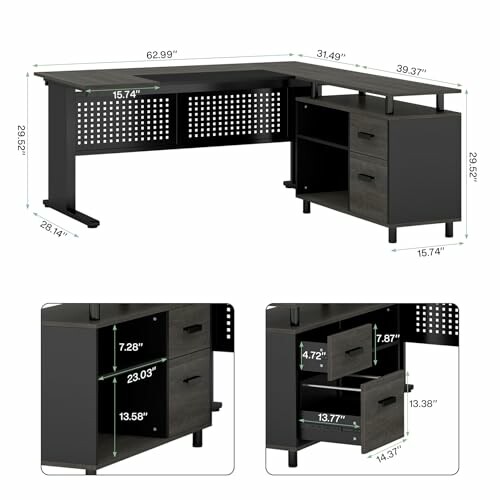 A black corner desk with drawers and shelves, showing dimensions