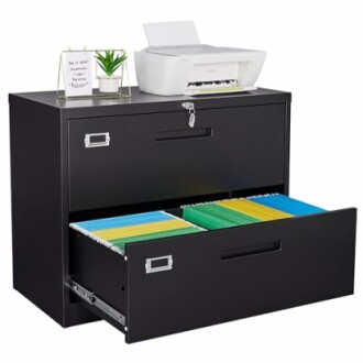 Black lockable file cabinet with printer and organized files.
