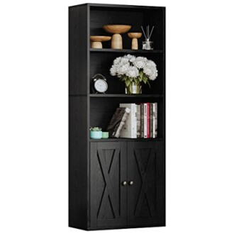 Black wooden bookshelf with decor items and books