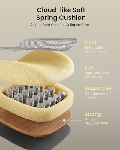 Diagram of a cloud-like soft spring cushion with layers, demonstrating the chair's advanced pressure-relieving technology.