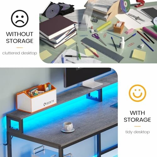 Comparison of a cluttered desk without storage and a tidy desk with storage.