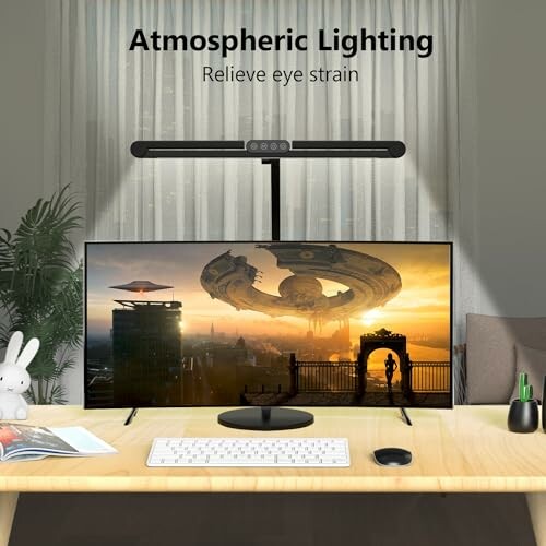 A computer monitor with atmospheric lighting and decor on the desk.