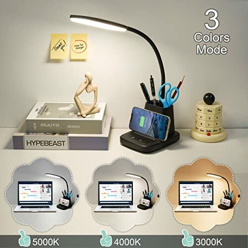 Desk lamp with phone holder and adjustable color modes