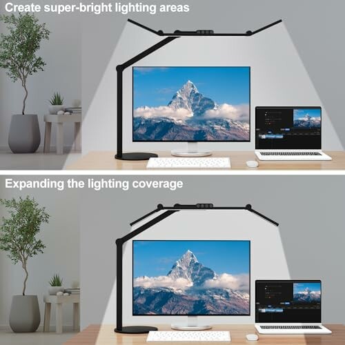 A desk setup with a computer monitor, laptop, and adjustable lighting arm.