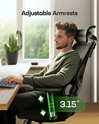 Person sitting in an ergonomic chair with adjustable armrests.
