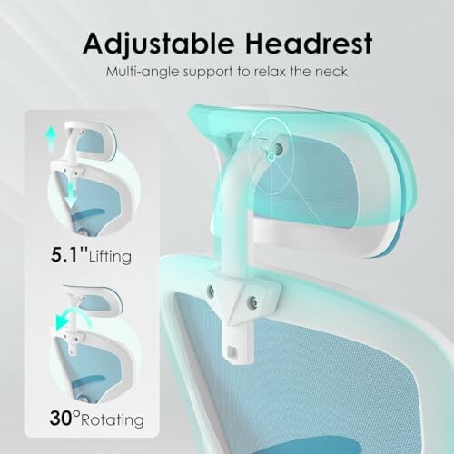 Ergonomic chair with adjustable headrest showing lifting and rotating features.