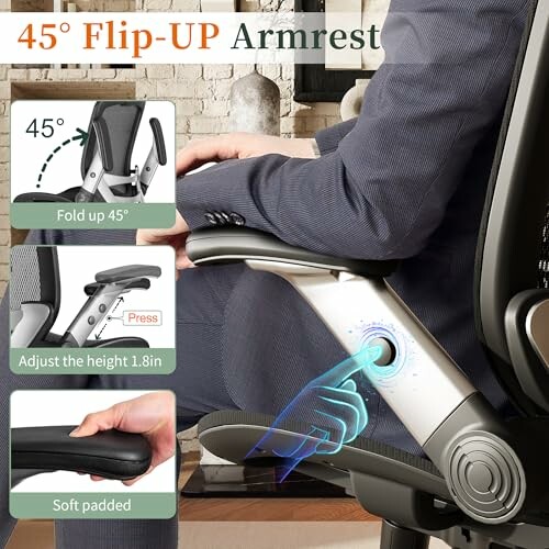 Ergonomic chair with flip-up armrest and adjustable height.