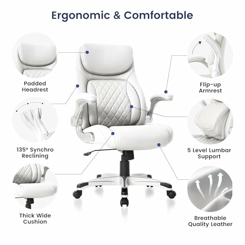 Ergonomic office chair with padded headrest, flip-up armrest, 135-degree recline, lumbar support, thick cushion, and breathable leather.