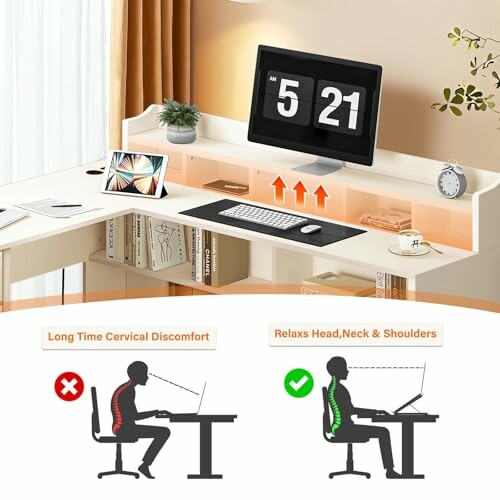 Ergonomic desk setup with correct posture illustration.