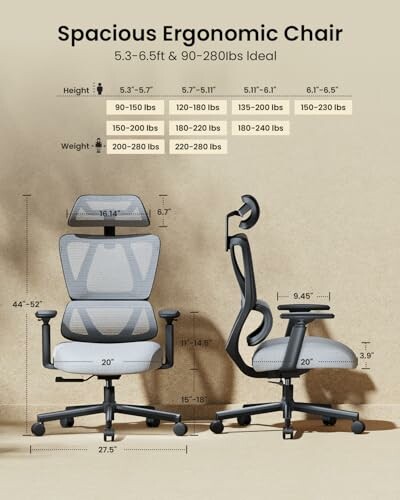 Spacious ergonomic office chair with dimensions for height and weight suitability, providing ample space for users of all sizes.