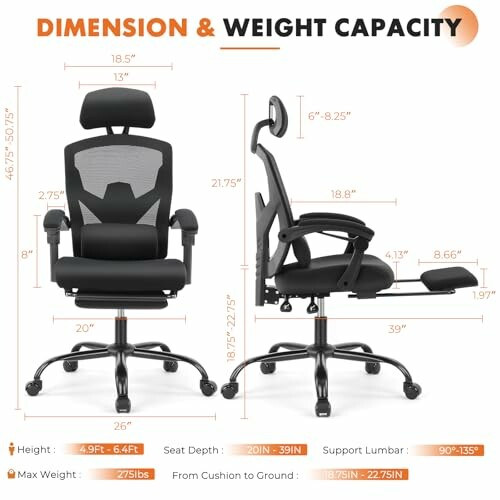 Ergonomic office chair with dimensions and weight capacity details.