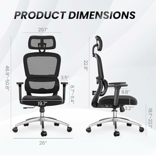 Ergonomic office chair with adjustable dimensions and mesh back.
