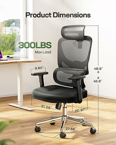 Ergonomic office chair with dimensions and max load of 300 lbs.