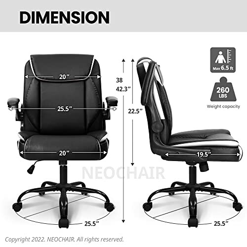 Ergonomic office chair dimensions and weight capacity details.