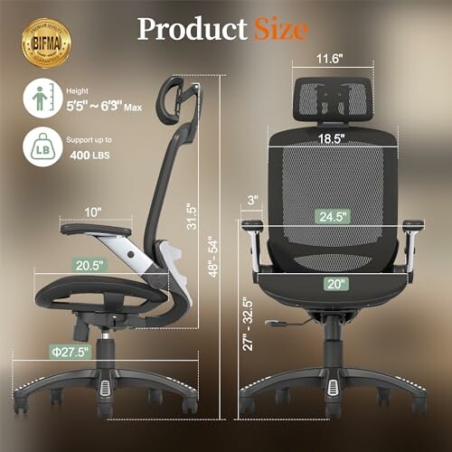 Ergonomic office chair with measurements and weight capacity.