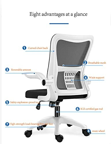 Office chair with labeled ergonomic features including breathable mesh back and adjustable armrests.