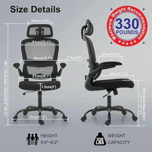 Ergonomic office chair with size and weight details.