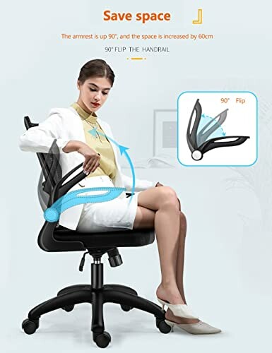 Woman sitting on ergonomic office chair with 90-degree flip armrest feature.