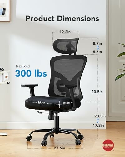 Ergonomic office chair with dimensions and max load capacity