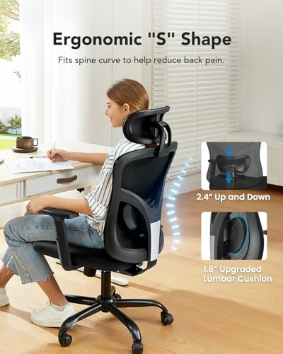 Person sitting in ergonomic office chair with S-shaped backrest and lumbar cushion