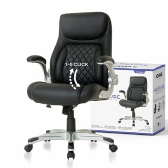Black ergonomic office chair with adjustable backrest and armrests.