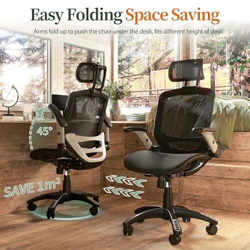 Ergonomic chair with adjustable arms and headrest in a room.