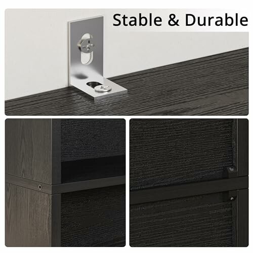 Metal bracket securing furniture for stability and durability.