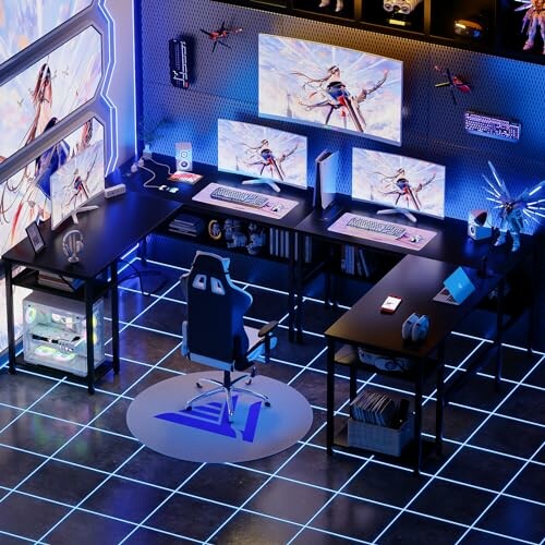 Futuristic gaming setup with dual monitors and neon lighting.