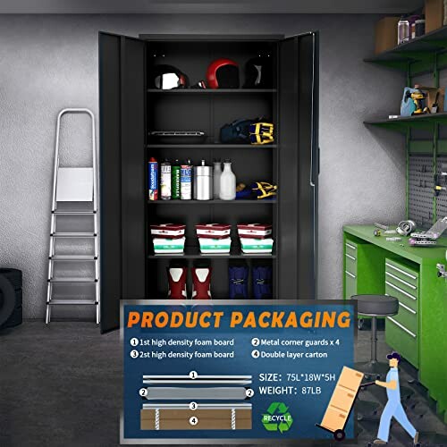 Garage with storage cabinet containing sports gear and tools, alongside a workbench and ladder.