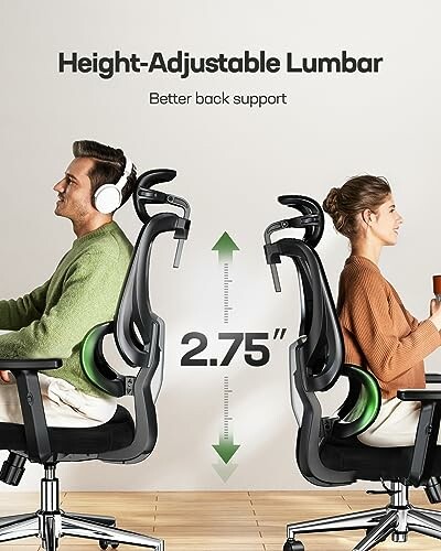 Two people sitting back-to-back in chairs with height-adjustable lumbar support, showing a 2.75-inch adjustment.