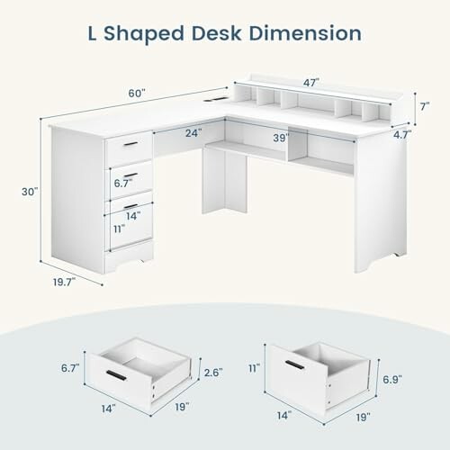 Dimensions of a white L-shaped desk with drawers and shelves.