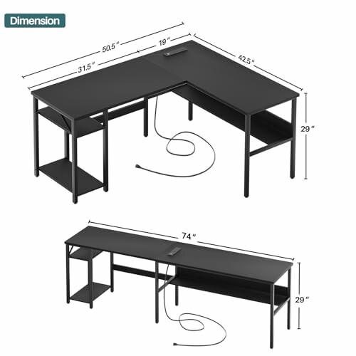 L-shaped office desk with dimensions and cable management.