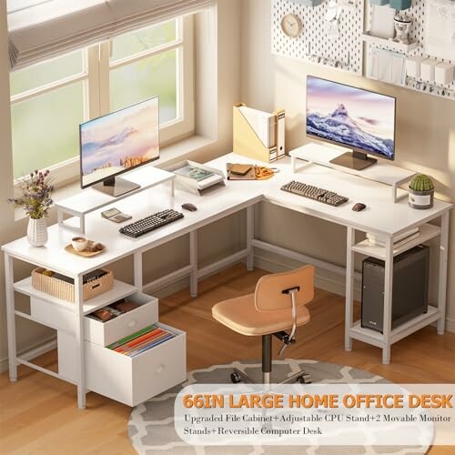 L-shaped home office desk with dual monitors, storage compartments, and an office chair.