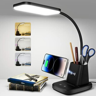 LED desk lamp with wireless charging and pen holder, displaying different light temperatures.
