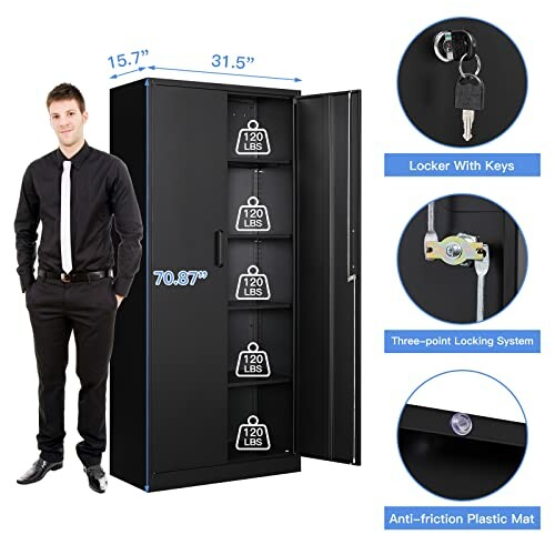 Black metal storage cabinet with lock and keys, showing dimensions and weight capacity.