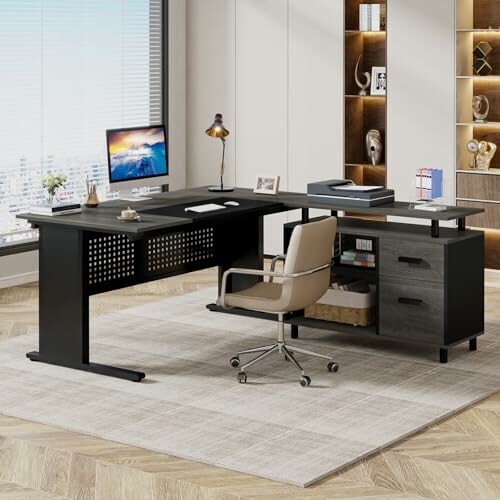 An L-shaped office desk with computer, lamp, and chair in a modern room.
