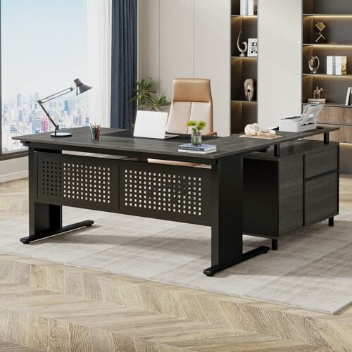 A modern office desk with city view, laptop, and chair