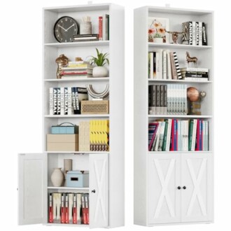 Two modern white bookshelves with various books, decor, and storage items.
