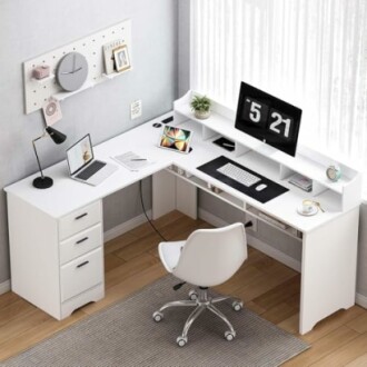 White L Shaped Desk with 3 Drawers