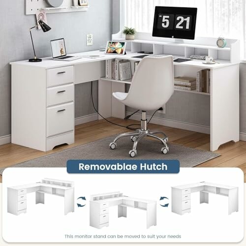 Modern white desk with removable hutch and office chair.