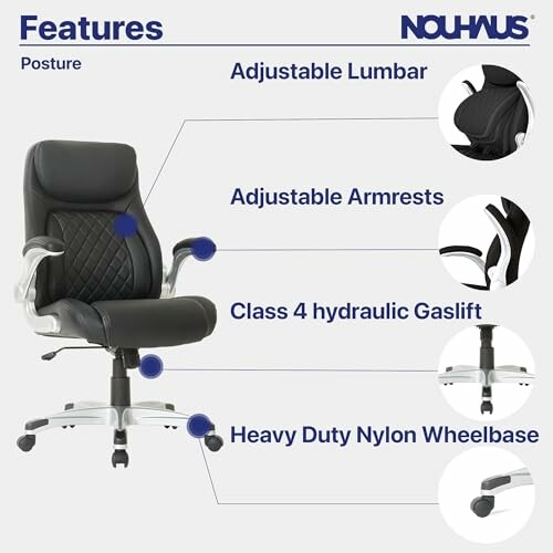 Nouhaus posture chair with adjustable lumbar, armrests, class 4 gaslift, and nylon wheelbase.