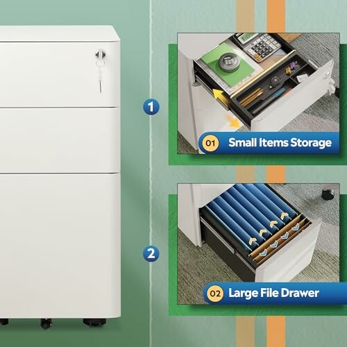 Office storage cabinet with small items storage and large file drawer.