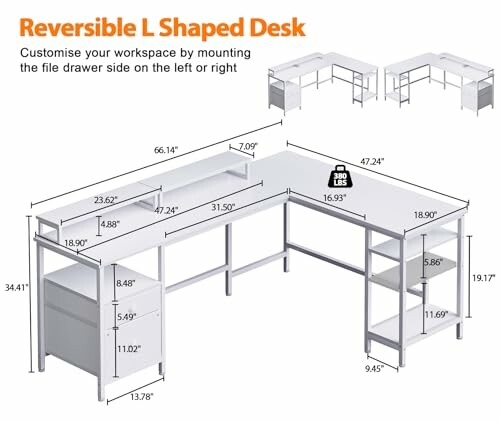 Reversible L shaped desk with dimensions and customizable file drawer.