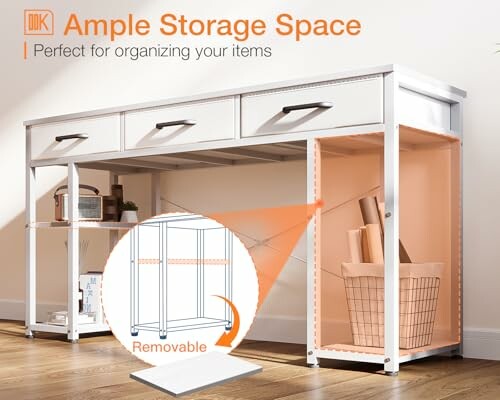 White storage console table with removable shelves and baskets.