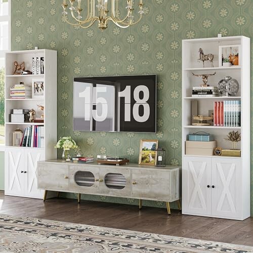 Living room with bookshelf, TV, and modern decor