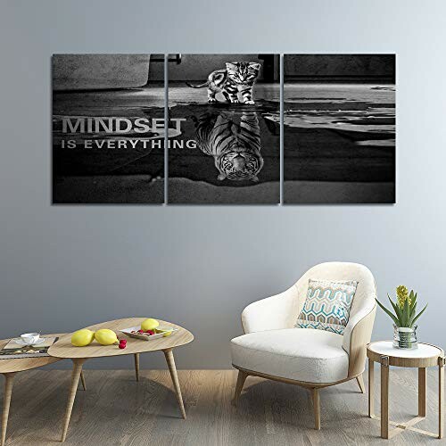 Wall art of a tiger cub with reflection, caption 'Mindset is Everything', displayed in a room.